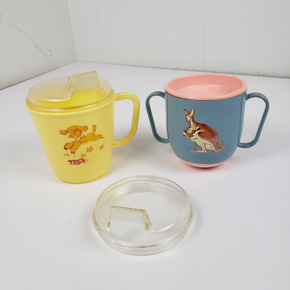 Vintage Kant-Spill Baby World Training Cups Puppy Kangaroo Set of 2 USA Made